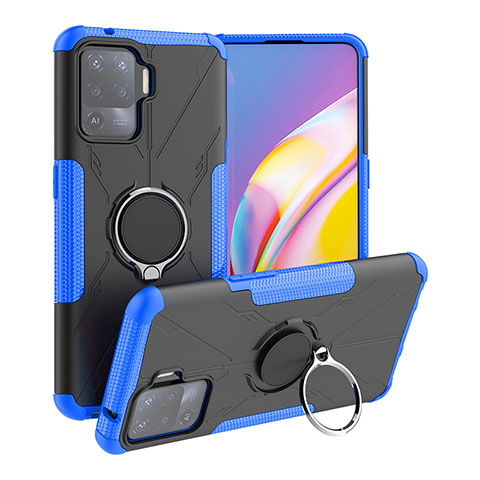 Coque Contour Silicone et Plastique Housse Etui Mat avec Magnetique Support Bague Anneau JX1 pour Oppo Reno5 F Bleu