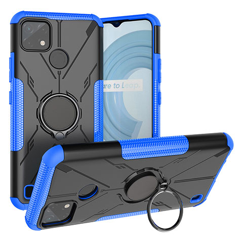 Coque Contour Silicone et Plastique Housse Etui Mat avec Magnetique Support Bague Anneau JX1 pour Realme C25Y Bleu