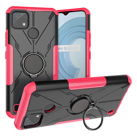 Coque Contour Silicone et Plastique Housse Etui Mat avec Magnetique Support Bague Anneau JX1 pour Realme C25Y Rose Rouge