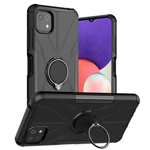 Coque Contour Silicone et Plastique Housse Etui Mat avec Magnetique Support Bague Anneau JX1 pour Samsung Galaxy A22 5G Noir