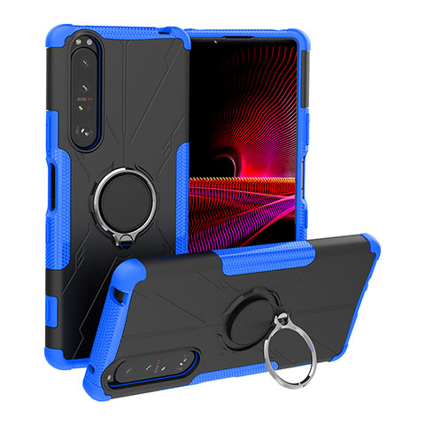 Coque Contour Silicone et Plastique Housse Etui Mat avec Magnetique Support Bague Anneau JX1 pour Sony Xperia 1 III Bleu