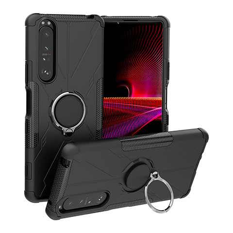 Coque Contour Silicone et Plastique Housse Etui Mat avec Magnetique Support Bague Anneau JX1 pour Sony Xperia 1 III Noir