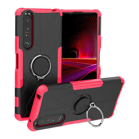 Coque Contour Silicone et Plastique Housse Etui Mat avec Magnetique Support Bague Anneau JX1 pour Sony Xperia 1 III Rose Rouge