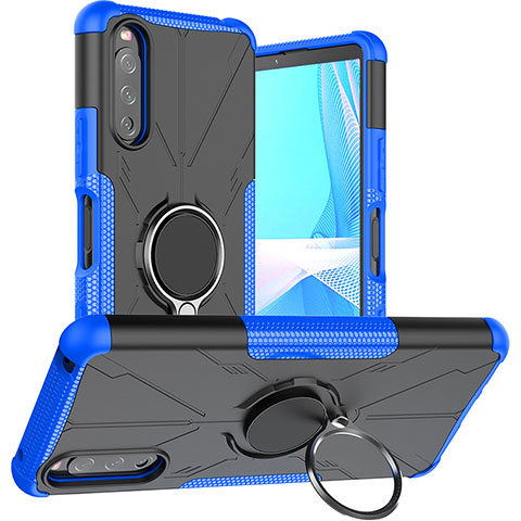 Coque Contour Silicone et Plastique Housse Etui Mat avec Magnetique Support Bague Anneau JX1 pour Sony Xperia 10 III SOG04 Bleu