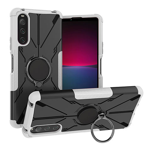 Coque Contour Silicone et Plastique Housse Etui Mat avec Magnetique Support Bague Anneau JX1 pour Sony Xperia 10 IV Argent