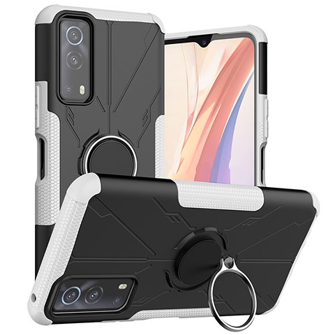 Coque Contour Silicone et Plastique Housse Etui Mat avec Magnetique Support Bague Anneau JX1 pour Vivo iQOO Z3 5G Argent