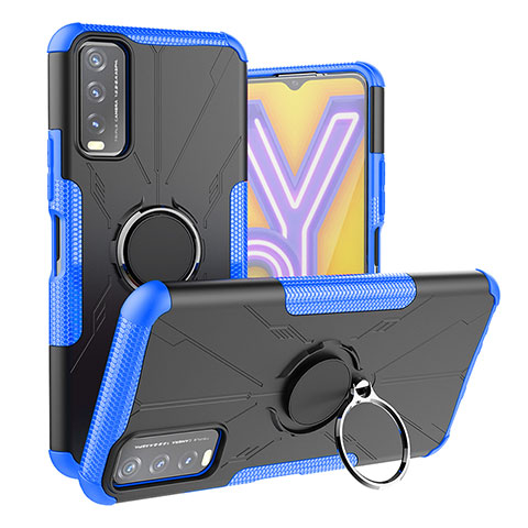 Coque Contour Silicone et Plastique Housse Etui Mat avec Magnetique Support Bague Anneau JX1 pour Vivo Y11s Bleu