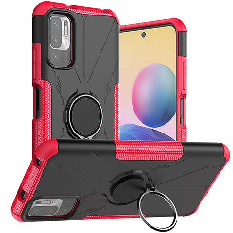 Coque Contour Silicone et Plastique Housse Etui Mat avec Magnetique Support Bague Anneau JX1 pour Xiaomi POCO M3 Pro 5G Rose Rouge