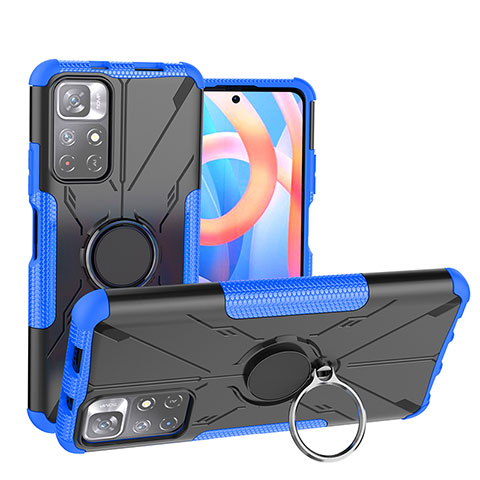 Coque Contour Silicone et Plastique Housse Etui Mat avec Magnetique Support Bague Anneau JX1 pour Xiaomi Poco M4 Pro 5G Bleu