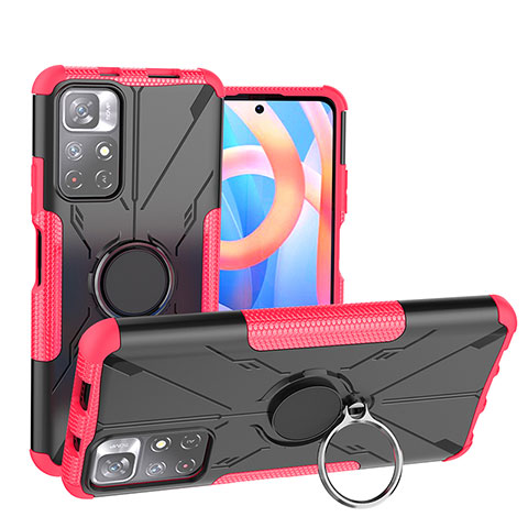 Coque Contour Silicone et Plastique Housse Etui Mat avec Magnetique Support Bague Anneau JX1 pour Xiaomi Redmi Note 11 5G Rose Rouge