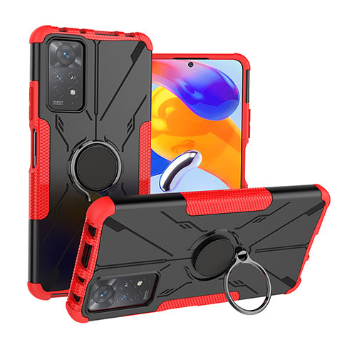 Coque Contour Silicone et Plastique Housse Etui Mat avec Magnetique Support Bague Anneau JX1 pour Xiaomi Redmi Note 11 Pro 4G Rouge