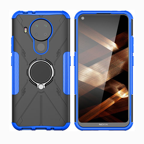 Coque Contour Silicone et Plastique Housse Etui Mat avec Magnetique Support Bague Anneau JX2 pour Nokia 5.4 Bleu