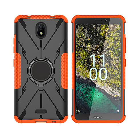 Coque Contour Silicone et Plastique Housse Etui Mat avec Magnetique Support Bague Anneau JX2 pour Nokia C100 Orange