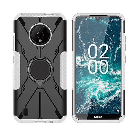 Coque Contour Silicone et Plastique Housse Etui Mat avec Magnetique Support Bague Anneau JX2 pour Nokia C200 Argent