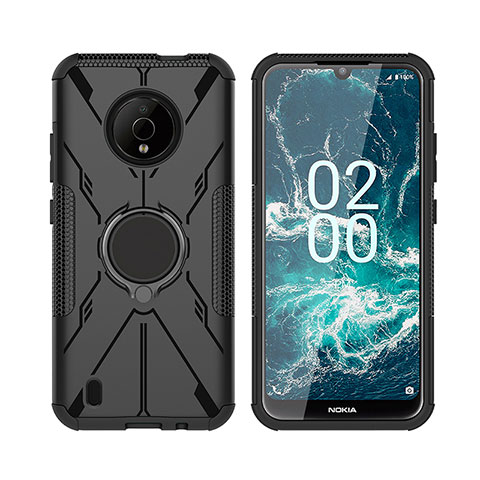 Coque Contour Silicone et Plastique Housse Etui Mat avec Magnetique Support Bague Anneau JX2 pour Nokia C200 Noir