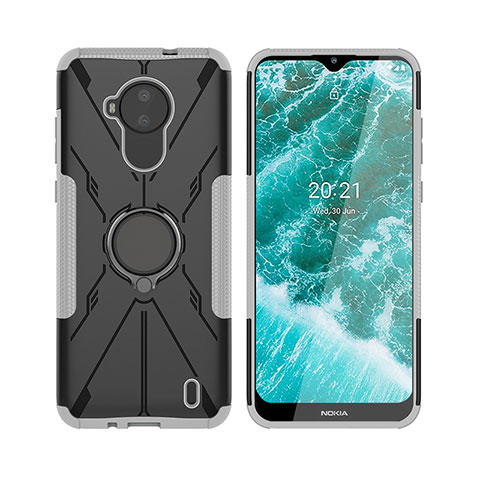 Coque Contour Silicone et Plastique Housse Etui Mat avec Magnetique Support Bague Anneau JX2 pour Nokia C30 Argent