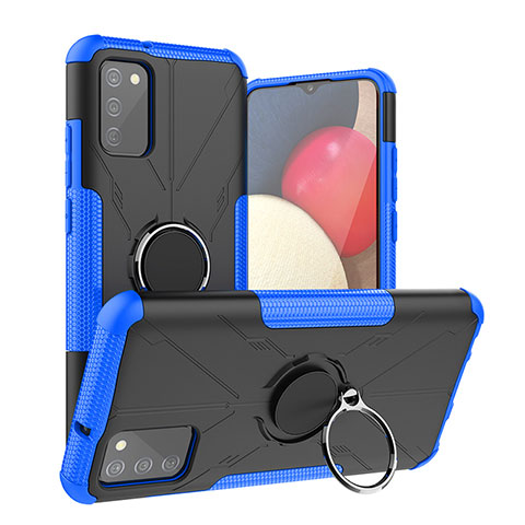 Coque Contour Silicone et Plastique Housse Etui Mat avec Magnetique Support Bague Anneau JX2 pour Samsung Galaxy M02s Bleu