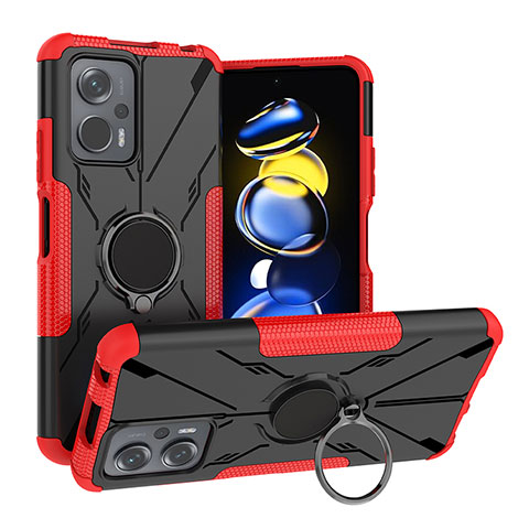 Coque Contour Silicone et Plastique Housse Etui Mat avec Magnetique Support Bague Anneau JX2 pour Xiaomi Redmi Note 11T Pro 5G Rouge