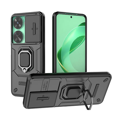 Coque Contour Silicone et Plastique Housse Etui Mat avec Magnetique Support Bague Anneau K2C pour Huawei Nova 11 SE Noir