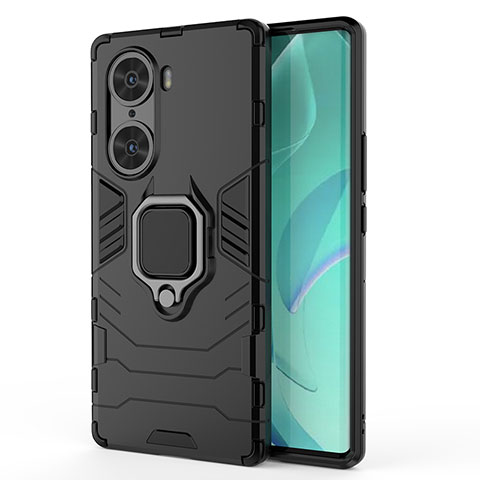 Coque Contour Silicone et Plastique Housse Etui Mat avec Magnetique Support Bague Anneau KC1 pour Huawei Honor 60 Pro 5G Noir