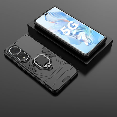 Coque Contour Silicone et Plastique Housse Etui Mat avec Magnetique Support Bague Anneau KC1 pour Huawei Honor 80 Pro 5G Noir