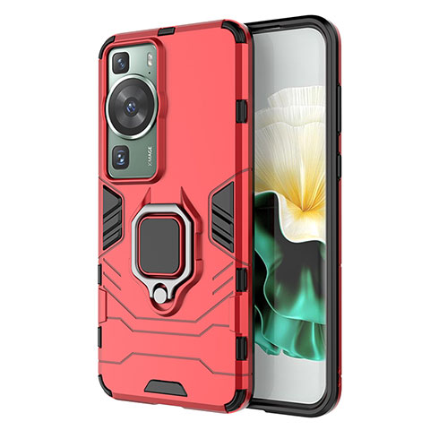 Coque Contour Silicone et Plastique Housse Etui Mat avec Magnetique Support Bague Anneau KC1 pour Huawei P60 Pro Rouge