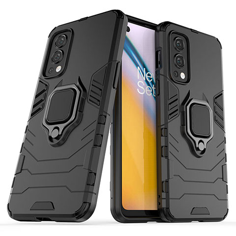 Coque Contour Silicone et Plastique Housse Etui Mat avec Magnetique Support Bague Anneau KC1 pour OnePlus Nord 2 5G Noir