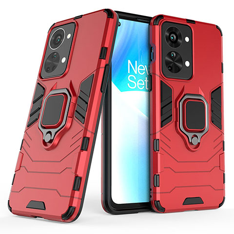 Coque Contour Silicone et Plastique Housse Etui Mat avec Magnetique Support Bague Anneau KC1 pour OnePlus Nord 2T 5G Rouge