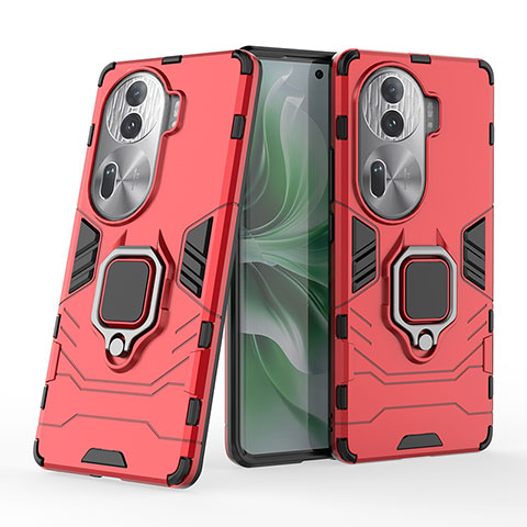 Coque Contour Silicone et Plastique Housse Etui Mat avec Magnetique Support Bague Anneau KC1 pour Oppo Reno11 Pro 5G Rouge