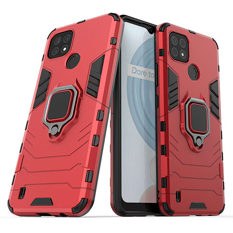 Coque Contour Silicone et Plastique Housse Etui Mat avec Magnetique Support Bague Anneau KC1 pour Realme C21 Rouge