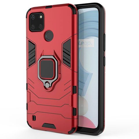 Coque Contour Silicone et Plastique Housse Etui Mat avec Magnetique Support Bague Anneau KC1 pour Realme C21Y Rouge