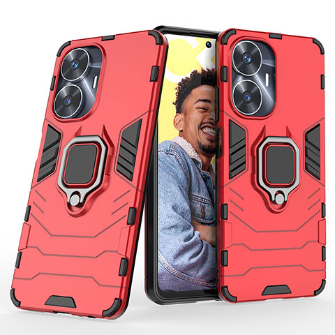 Coque Contour Silicone et Plastique Housse Etui Mat avec Magnetique Support Bague Anneau KC1 pour Realme Narzo N55 Rouge