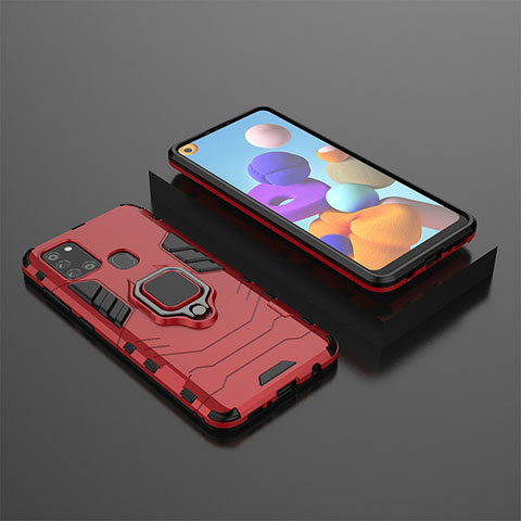 Coque Contour Silicone et Plastique Housse Etui Mat avec Magnetique Support Bague Anneau KC1 pour Samsung Galaxy A21s Rouge