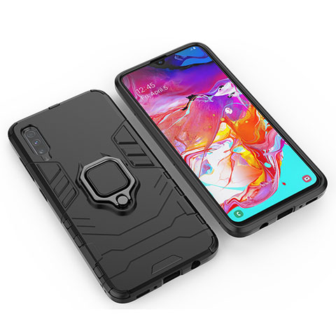 Coque Contour Silicone et Plastique Housse Etui Mat avec Magnetique Support Bague Anneau KC1 pour Samsung Galaxy A70S Noir