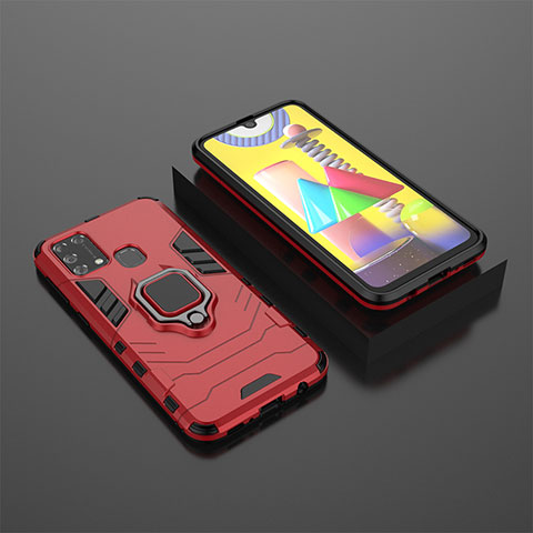 Coque Contour Silicone et Plastique Housse Etui Mat avec Magnetique Support Bague Anneau KC1 pour Samsung Galaxy M21s Rouge