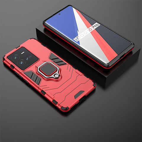 Coque Contour Silicone et Plastique Housse Etui Mat avec Magnetique Support Bague Anneau KC1 pour Vivo iQOO 10 Pro 5G Rouge