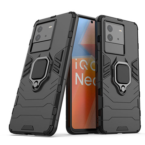 Coque Contour Silicone et Plastique Housse Etui Mat avec Magnetique Support Bague Anneau KC1 pour Vivo iQOO Neo6 5G Noir