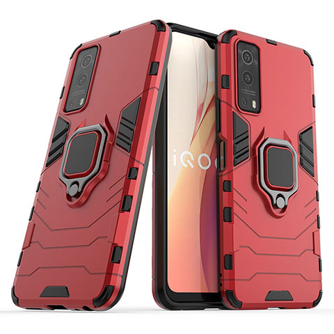 Coque Contour Silicone et Plastique Housse Etui Mat avec Magnetique Support Bague Anneau KC1 pour Vivo iQOO Z3 5G Rouge