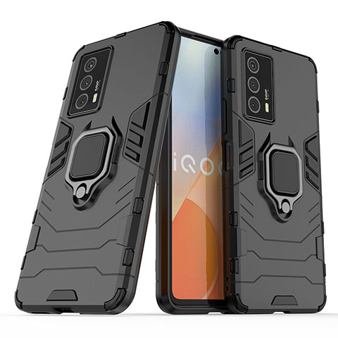 Coque Contour Silicone et Plastique Housse Etui Mat avec Magnetique Support Bague Anneau KC1 pour Vivo iQOO Z5 5G Noir