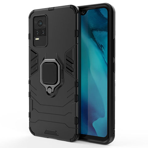 Coque Contour Silicone et Plastique Housse Etui Mat avec Magnetique Support Bague Anneau KC1 pour Vivo V21e 4G Noir