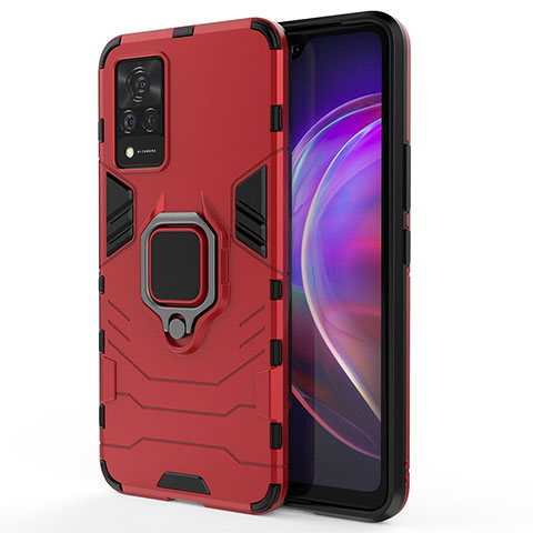 Coque Contour Silicone et Plastique Housse Etui Mat avec Magnetique Support Bague Anneau KC1 pour Vivo V21s 5G Rouge