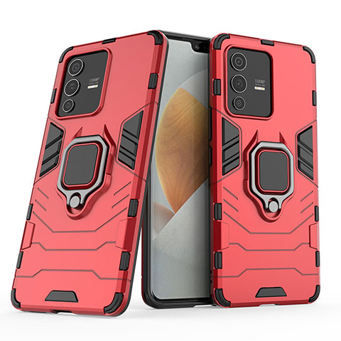 Coque Contour Silicone et Plastique Housse Etui Mat avec Magnetique Support Bague Anneau KC1 pour Vivo V23 Pro 5G Rouge