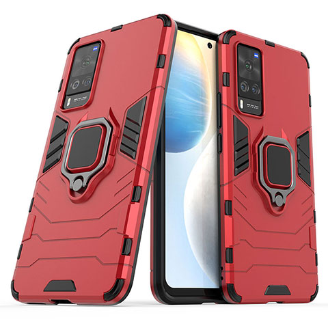 Coque Contour Silicone et Plastique Housse Etui Mat avec Magnetique Support Bague Anneau KC1 pour Vivo X60 Pro 5G Rouge