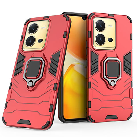 Coque Contour Silicone et Plastique Housse Etui Mat avec Magnetique Support Bague Anneau KC1 pour Vivo X80 Lite 5G Rouge