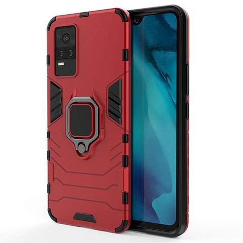 Coque Contour Silicone et Plastique Housse Etui Mat avec Magnetique Support Bague Anneau KC1 pour Vivo Y73 (2021) Rouge