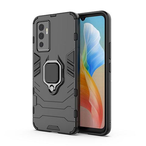 Coque Contour Silicone et Plastique Housse Etui Mat avec Magnetique Support Bague Anneau KC1 pour Vivo Y75 4G Noir