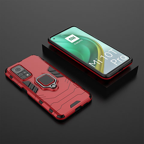 Coque Contour Silicone et Plastique Housse Etui Mat avec Magnetique Support Bague Anneau KC1 pour Xiaomi Mi 10T 5G Rouge