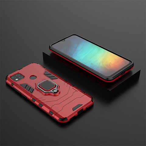Coque Contour Silicone et Plastique Housse Etui Mat avec Magnetique Support Bague Anneau KC1 pour Xiaomi POCO C3 Rouge