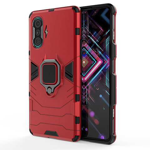 Coque Contour Silicone et Plastique Housse Etui Mat avec Magnetique Support Bague Anneau KC1 pour Xiaomi Poco F3 GT 5G Rouge