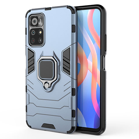 Coque Contour Silicone et Plastique Housse Etui Mat avec Magnetique Support Bague Anneau KC1 pour Xiaomi Poco M4 Pro 5G Bleu